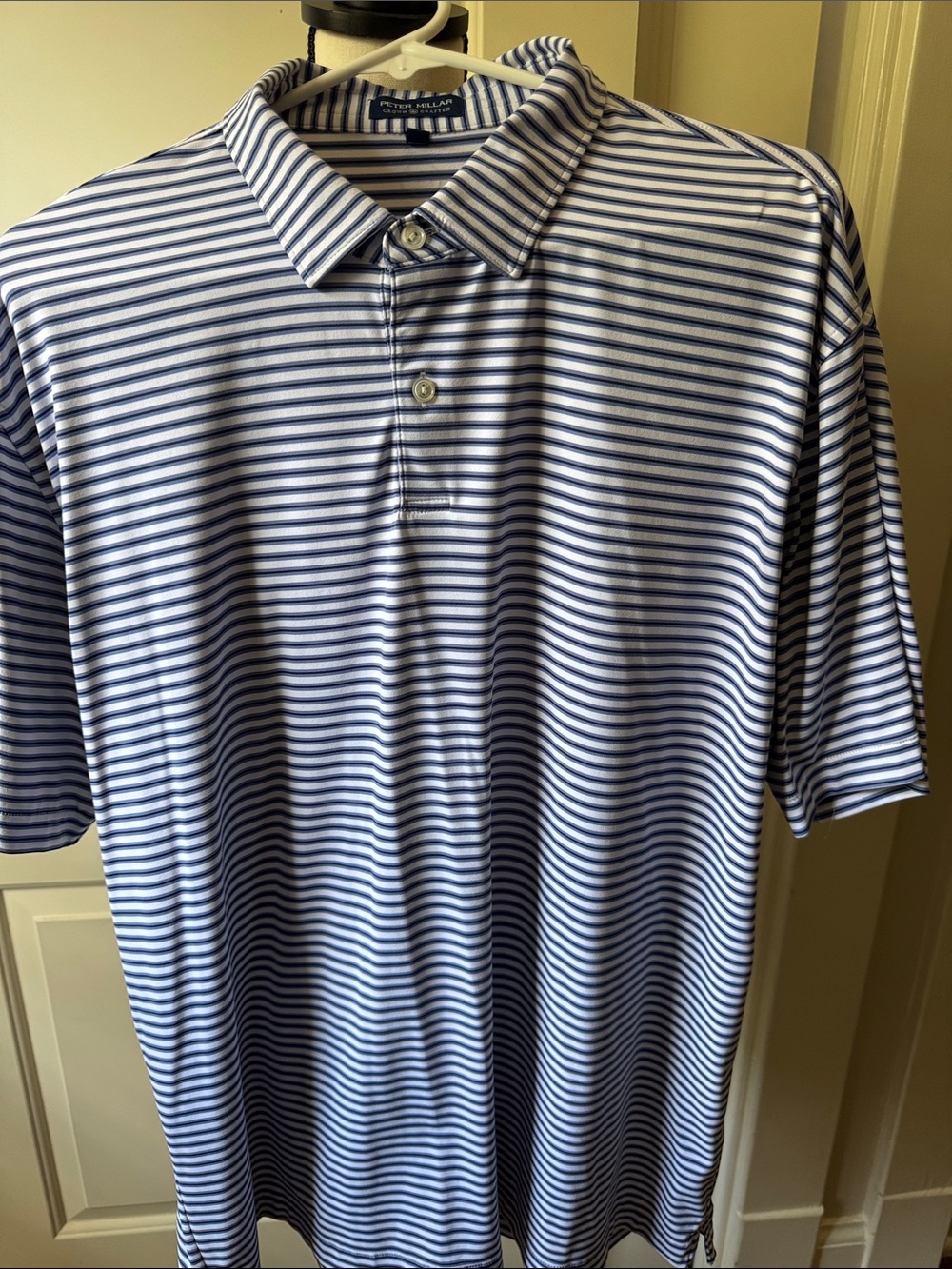 Peter Millar Navy & White Striped Performance Crown Crafter Polo